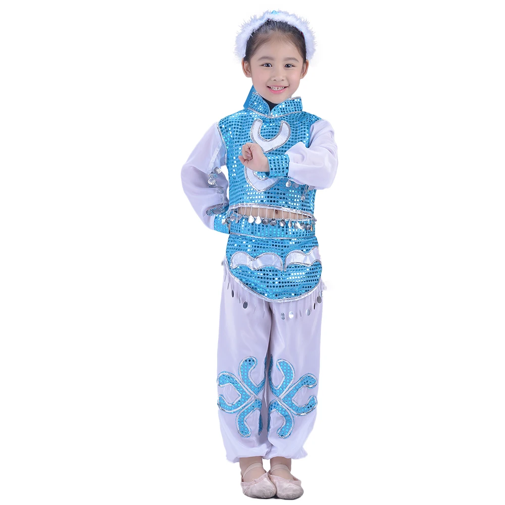 blue mongolian dance costume for girls children minority clothes chinese national carnival clothing | Тематическая одежда и