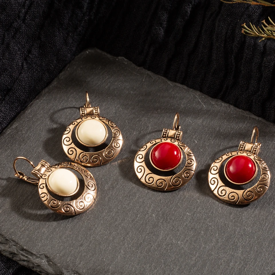 

Vintage Ethnic Round Dangle Drop Earrings with Nature Stone for Women Female Wedding Jewelry Ornaments Accessories