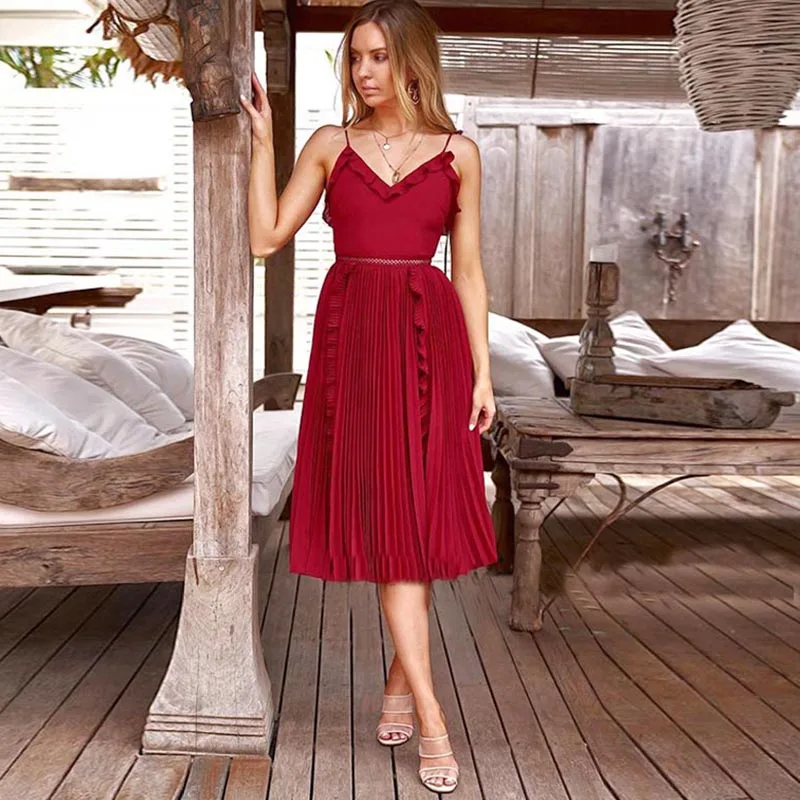 Женское плиссированное платье миди в богемном стиле летнее без рукавов с