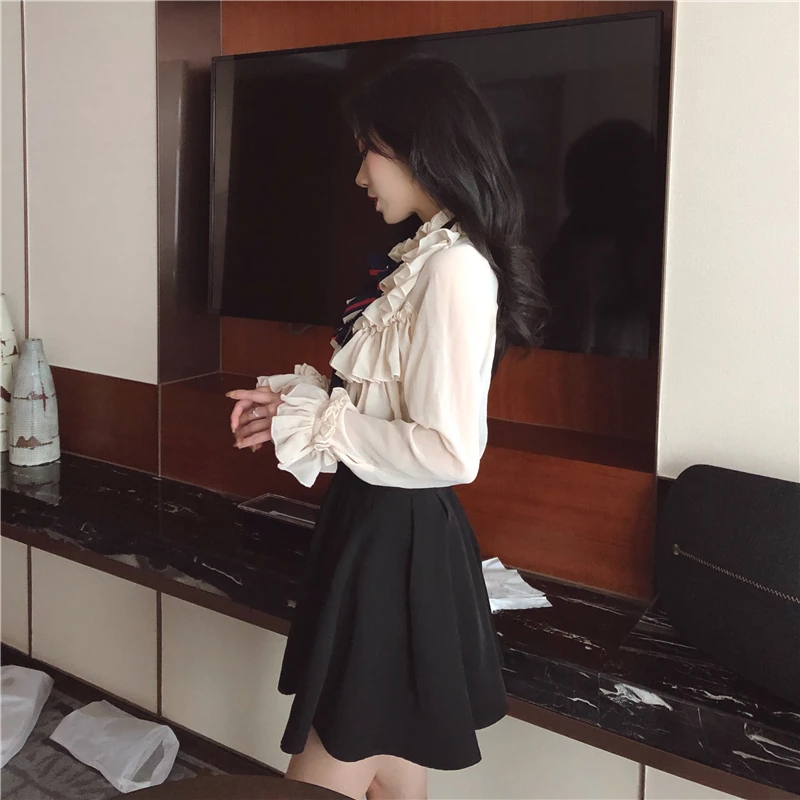 Женская блузка с оборками Повседневная кружевная белая рубашка в горошек