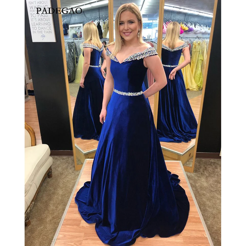 

Royal Blue Evening Dresses Off Shoulder Satin Beaded Formal Evening Gowns 2019 Zipper up for Wedding Party