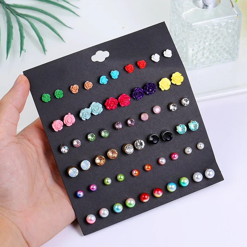 30 Pair/set Fashion Female Resin Acrylic Flower Earrings Set For Women Crystal Stud Earring Ladies Multicolor Pearl | Украшения и
