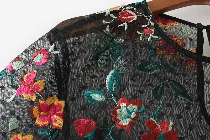Женская фатиновая блузка VOGUEIN с цветочной вышивкой длинными рукавами и кулиской