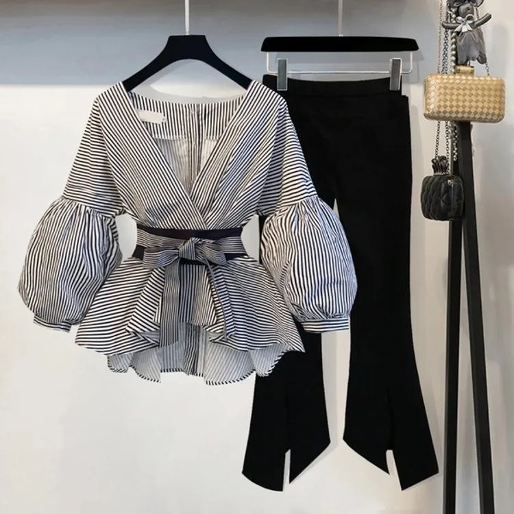 

New 2019 Spring Summer Striped Bow Lantern Sleeve Blouse Women's Pants Set + Black Split Flare Sleeve Two Pieces Set