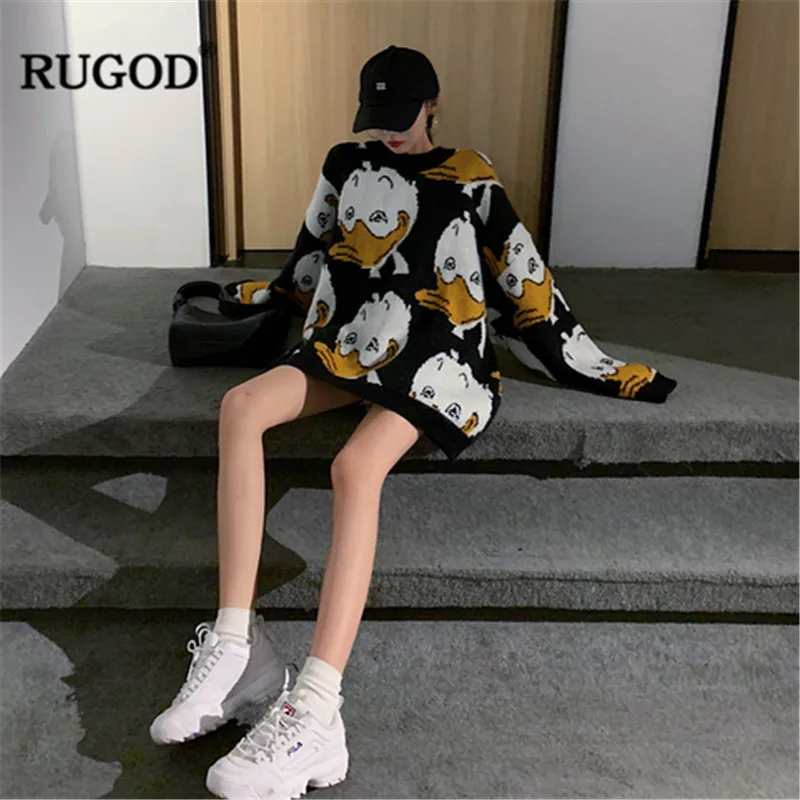 RUGOD 2020 Korean Print Knitted Sweater New Winter Warm Long Pullovers Women Fashion Sleeve O Neck Jumper Tops | Женская одежда