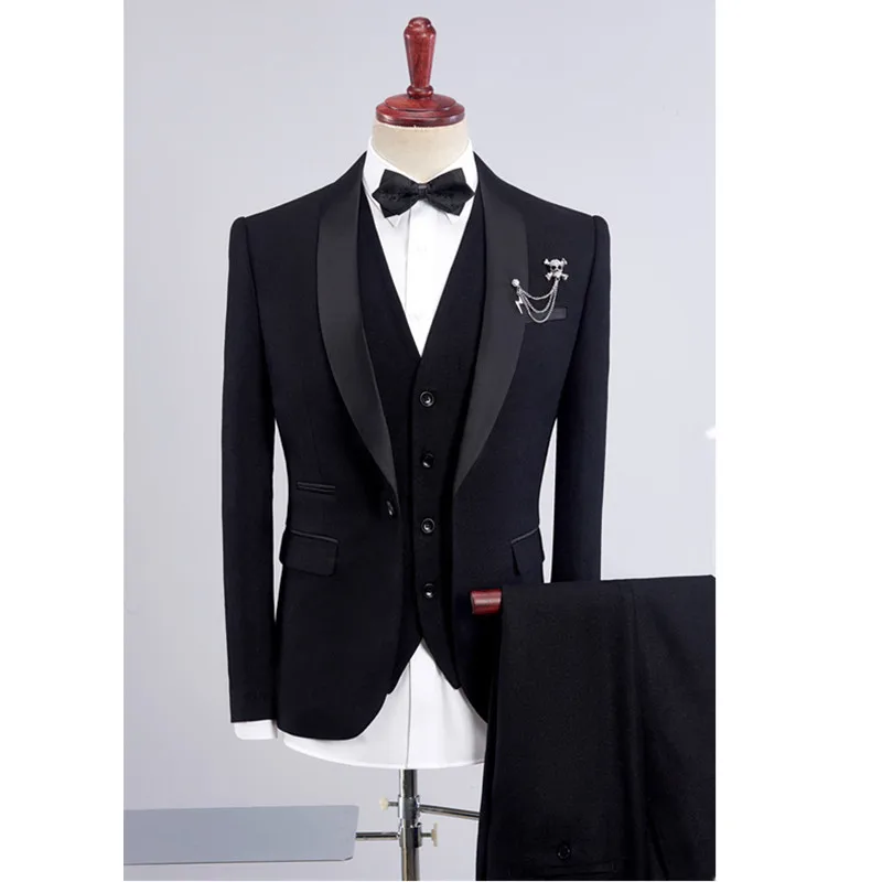 

Custom fashion new men's men's black suit three-piece suit (coat + pants + vest) men's shawl collar suit wedding groom dress
