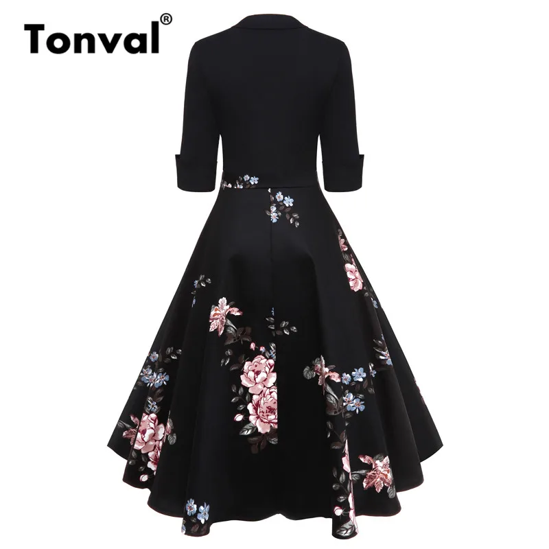 Tonval, винтажное Цветочное платье миди 1950 s, Ретро стиль, рокабилли, квадратный воротник, черные платья для женщин, осень, 3/4 рукав, платье