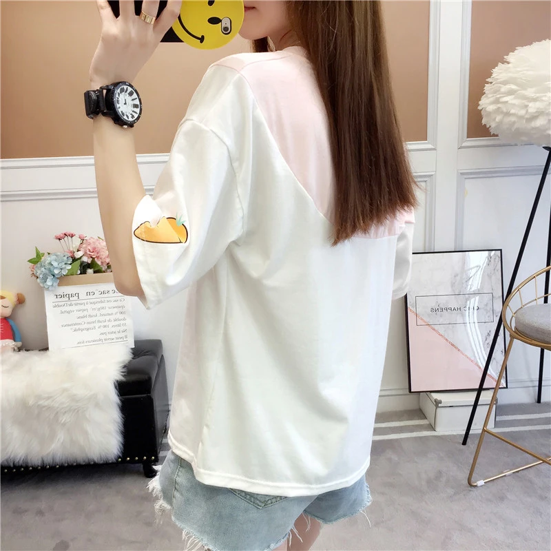 Jielur печать морковка кролик уха белая футболка Harajuku Лоскутная Милая кавайная футболка Женская милая летняя футболка черный футболка женская