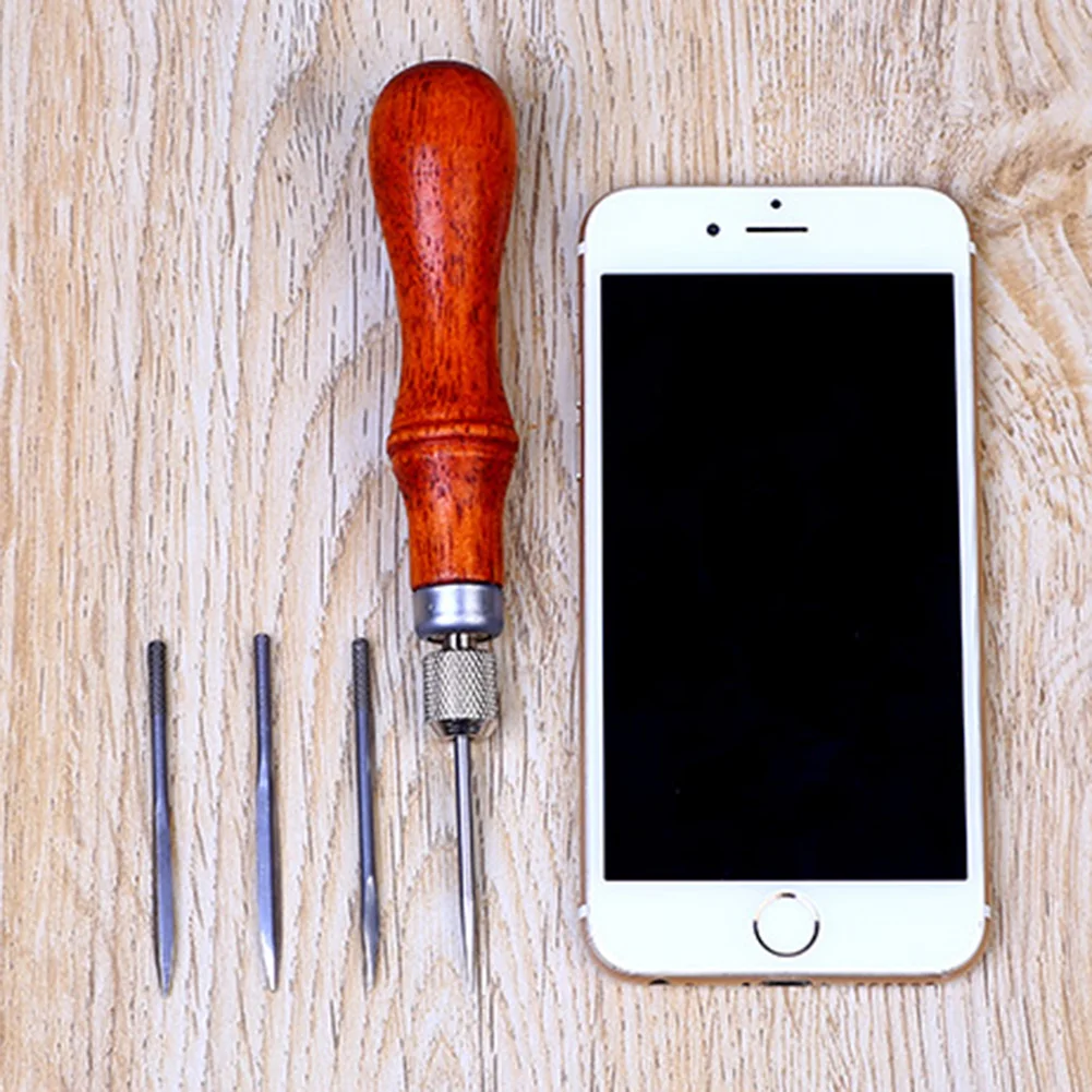 4 в 1 DIY деревянная ручка кожа шило для шитья кожи царапины шило инструменты холст кожевенное ремесло швейный набор игл