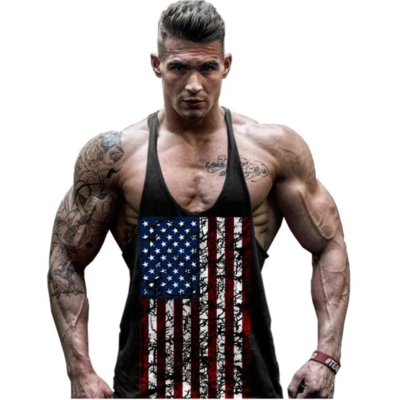

Hot Sale Men's American Flag Design Stringer Singlets Cotton Gyms Tank Tops Muscular Fitness Bodybuilding Tank Top Skull Vest