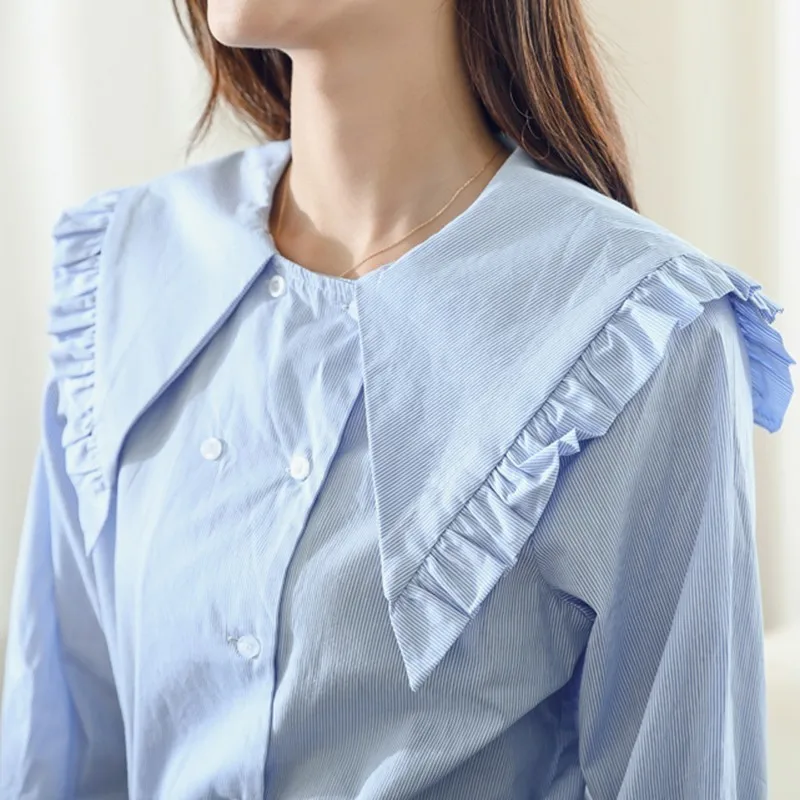 TWOTWINSTYLE Striped Tops Female Large Size Flare Long Sleeve Peter Pan Collar Patchwork Shirt For Women 2018 Autumn Fashion New |