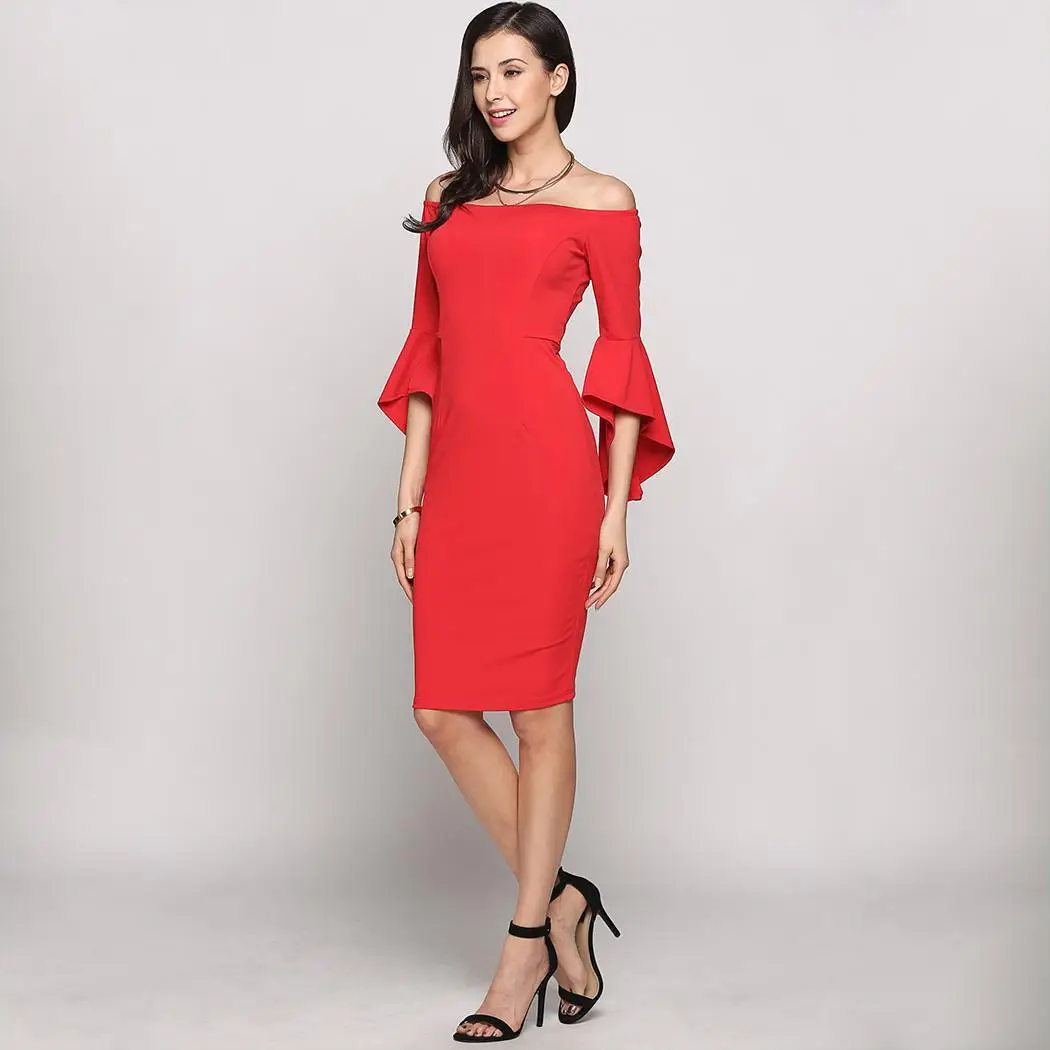 Колокол Асимметричный 3/4 рукав от плеча Твердые Bodycon выходить платье|Женские