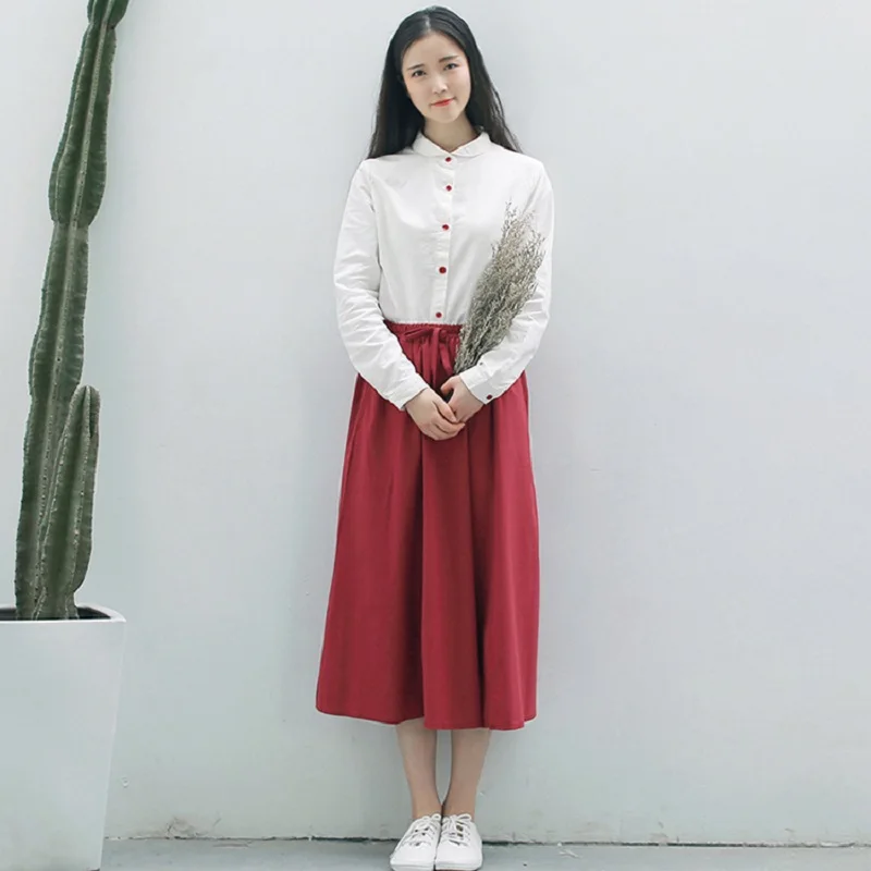 Mori Girl/весенне осенняя женская блуза с круглой горловиной однотонная белая