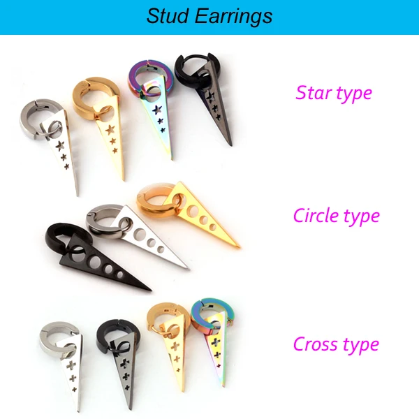 1 Pair newest Mens Women titanium Steel Dangle Spike Triangle Stud Earring Punk star/circle/cross three type ear plug | Украшения и