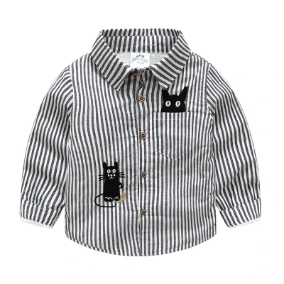 Детские рубашки для мальчиков с рисунком кота Повседневная полосатая хлопковая