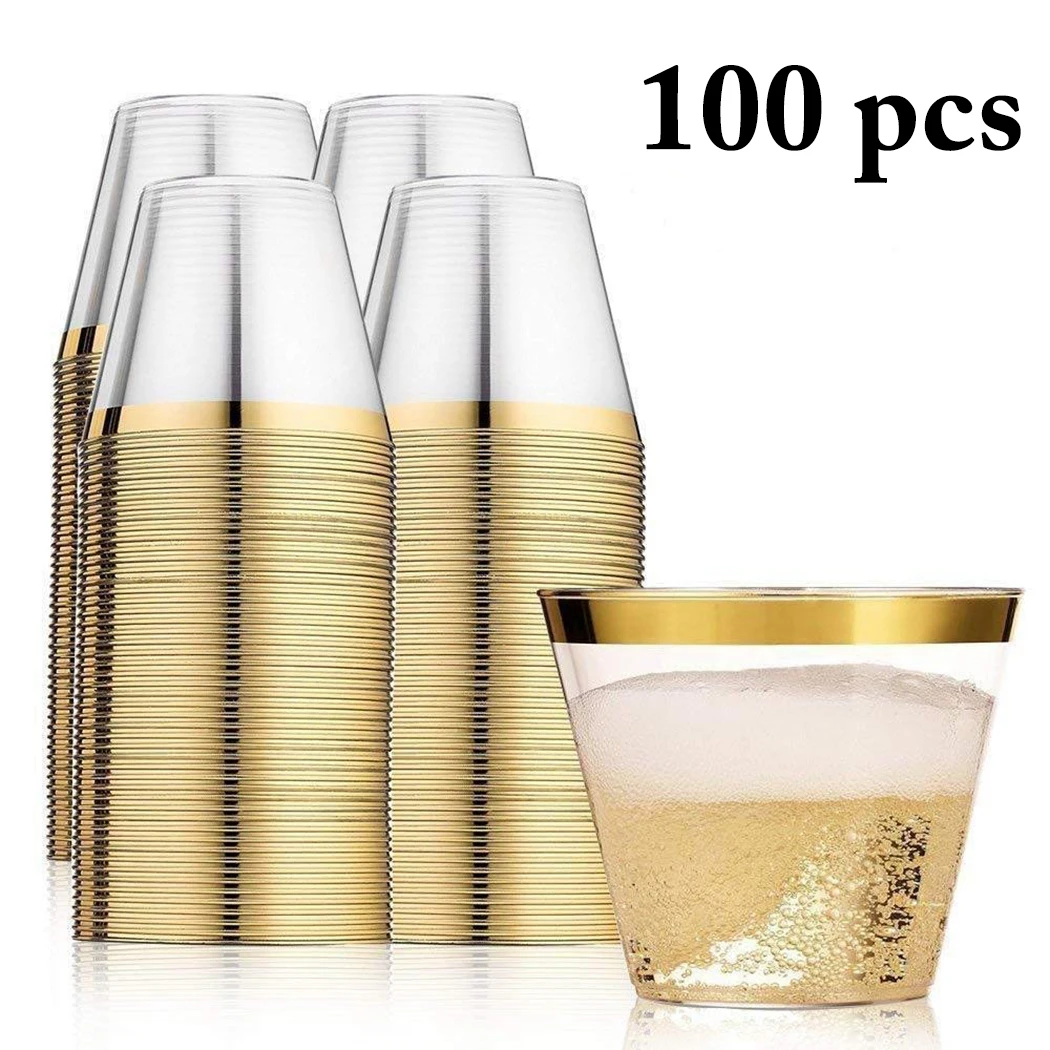 100pcs Модные одноцветные пластиковые одноразовые стаканчики, набор для свадебной вечеринки, золотые, розовые, золотые, бронзовые, пластиковые стаканчики, одноразовые, золотые, пластиковые стаканчики - Цвет: 100pcs