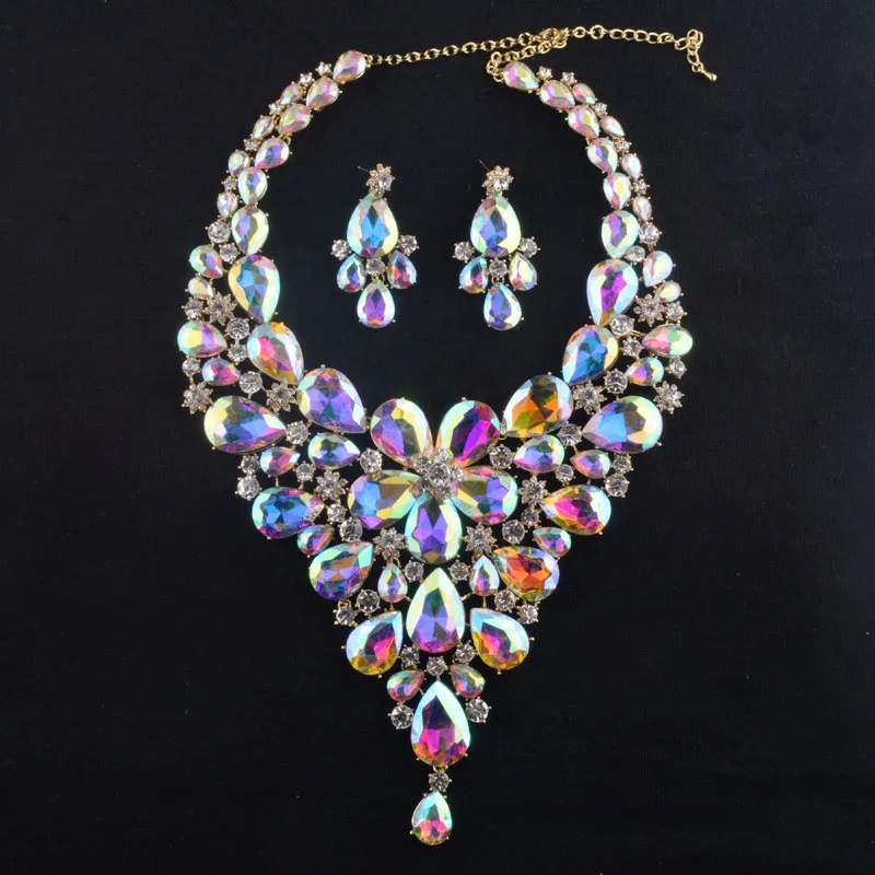 Роскошный свадебный комплект Стразы ожерелье серьги кристалл AB Цвет Аврора