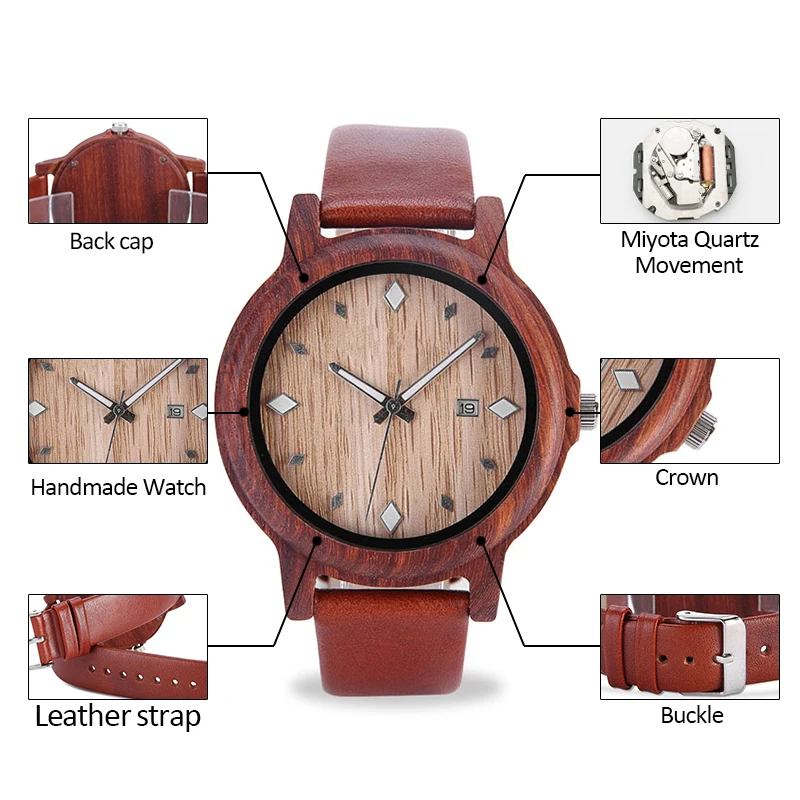 Часы ELMERA Wood для мужчин кожаные карнавальные часы подростков с красным деревянным