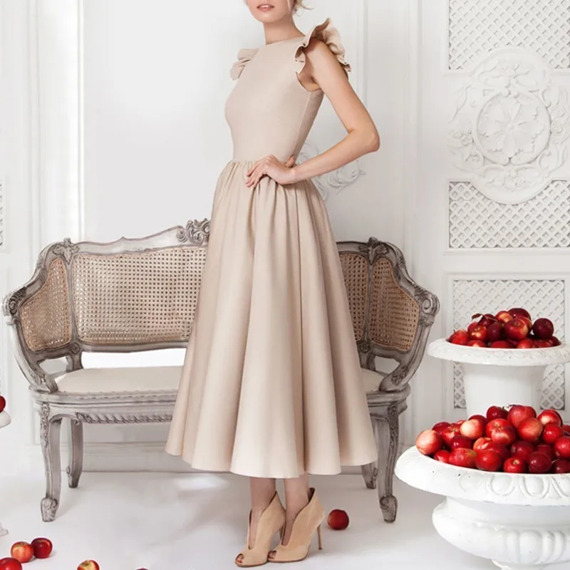 beige CHICEVER, винтажное платье для женщин, без рукавов, из кусков, с оборками, с высокой талией, размера плюс, для девушек, платья для вечеринок, для женщин, новинка - Цвет: beige