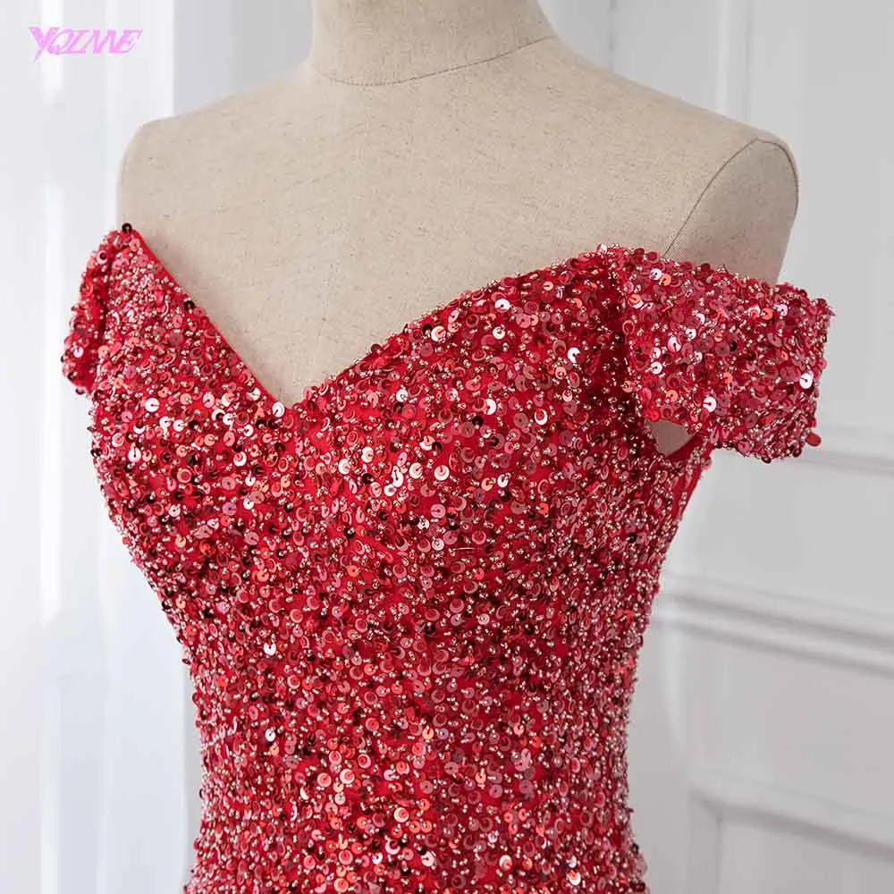 Off Shoulder Red Mermaid Evening Dress 2019 Formal Dresses Gown Competition Robe de Soiree Sequin Beading Tulle YQLNNE | Свадьбы и