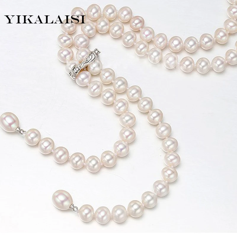 

YIKALAISI 2017 Real Natural Freshwater Pearl Long Necklace 8-9mm Pearl bead Rope Necklace For Women 925 sterling silver jewelry