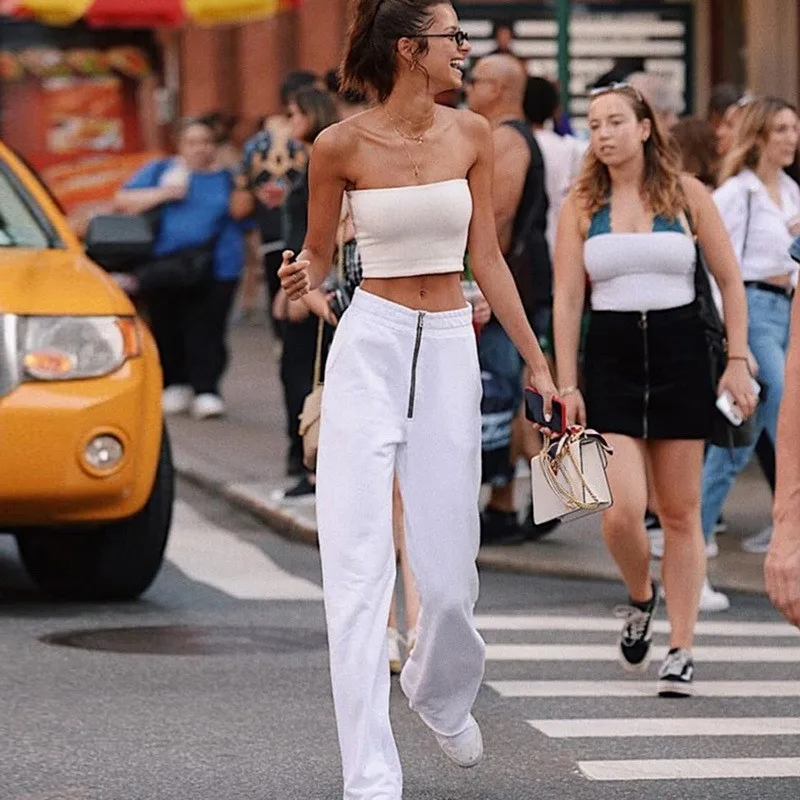 Женские широкие брюки на молнии повседневные уличные хлопковые с высокой талией