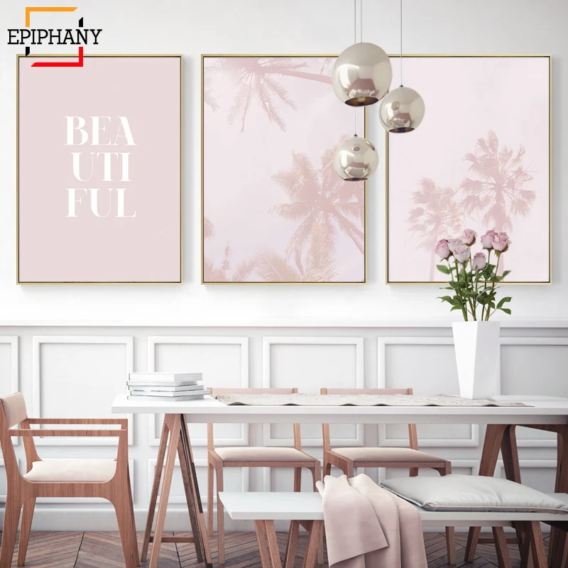 Modern Wall Art Canvas Painting Sea Beach Landscape Pink Palm Trees Minimalist Posters and Prints Pictures for Living Room|Рисование и