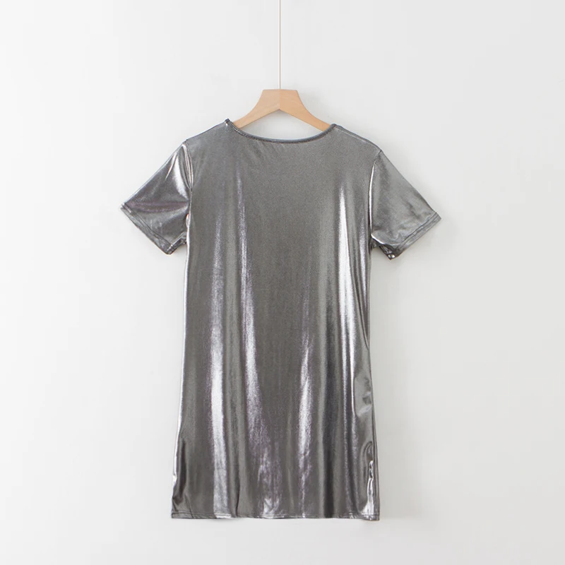 

Summer American Street Style Short Sleeve O-neck Solid Bright Metal Style Long Length Top T-shirt Casual Loose Casual Top Tee