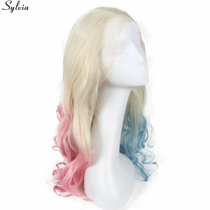 Sylvia Nature Hairline Heat Resistant Fiber Hair Body Wave Party Wigs Blonde Ombre Blue/Pink Glueless Synthetic Lace Front Wig | Шиньоны и