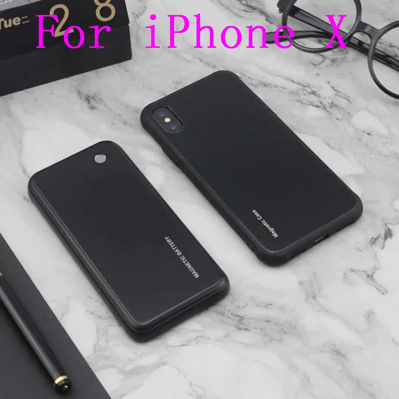 Тонкий чехол с зарядным устройством из закаленного стекла для iPhone XR X Xs Max, беспроводной магнитный внешний аккумулятор, Противоударная задняя крышка - Цвет: iX-Black