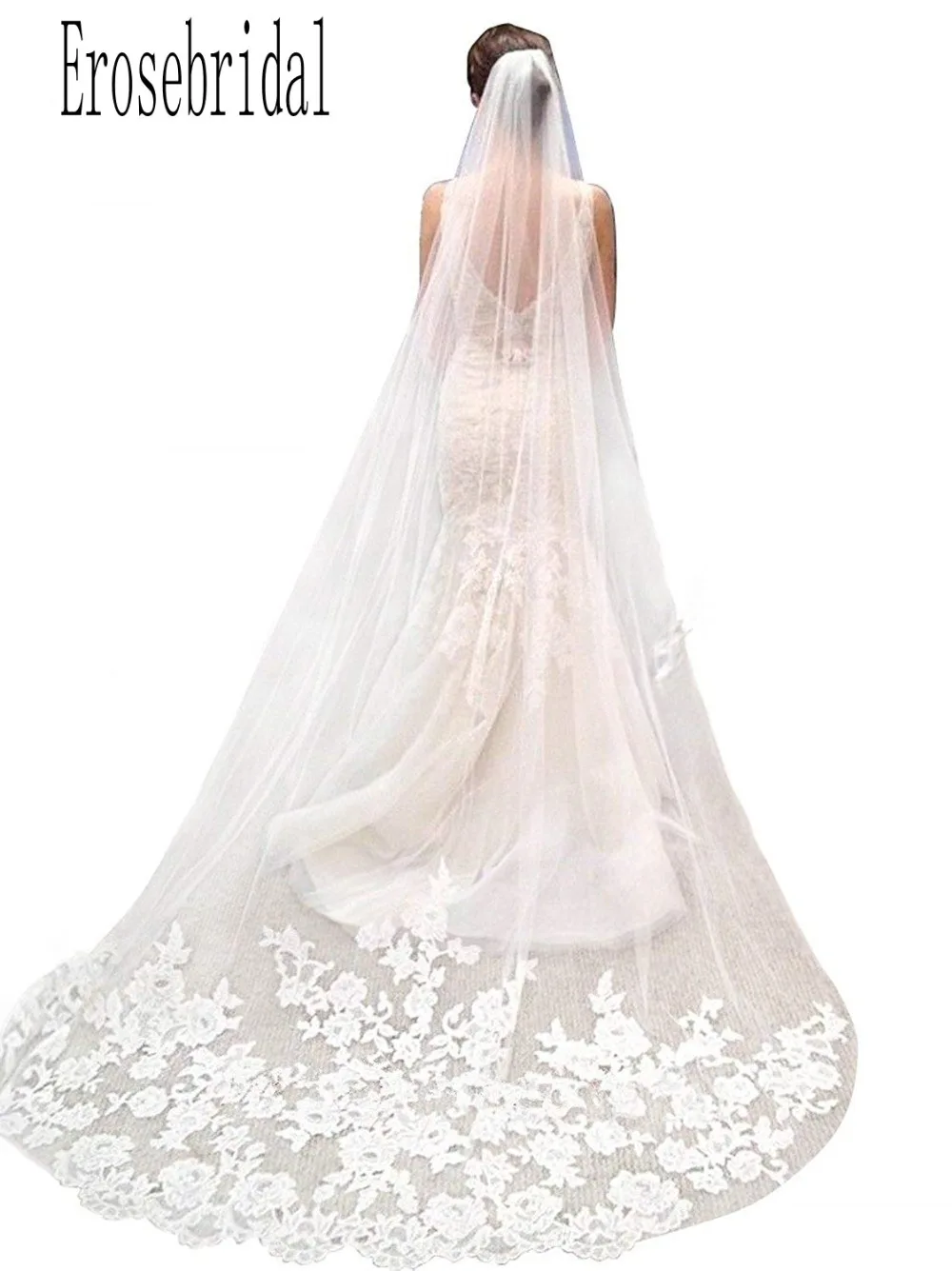 Erosebridal Новое поступление Соборная 3 ярда Фата невесты кружевная кромка вуаль аппликация Длинная женская свадебная белая вуаль Индивидуальный размер