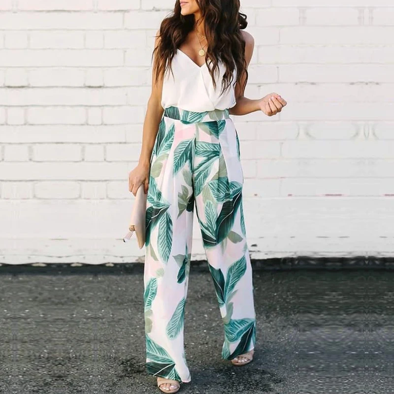 A Forever 2019 Summer Women Print Trousers Wide Leg Pants Tree Leaves Printing High Waist Casual Loose Long Pant M-1127 | Женская одежда