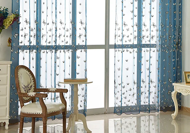 Вышитый бабочкой Тюль Синий Американский фермерский дом стиль гостиная спальня