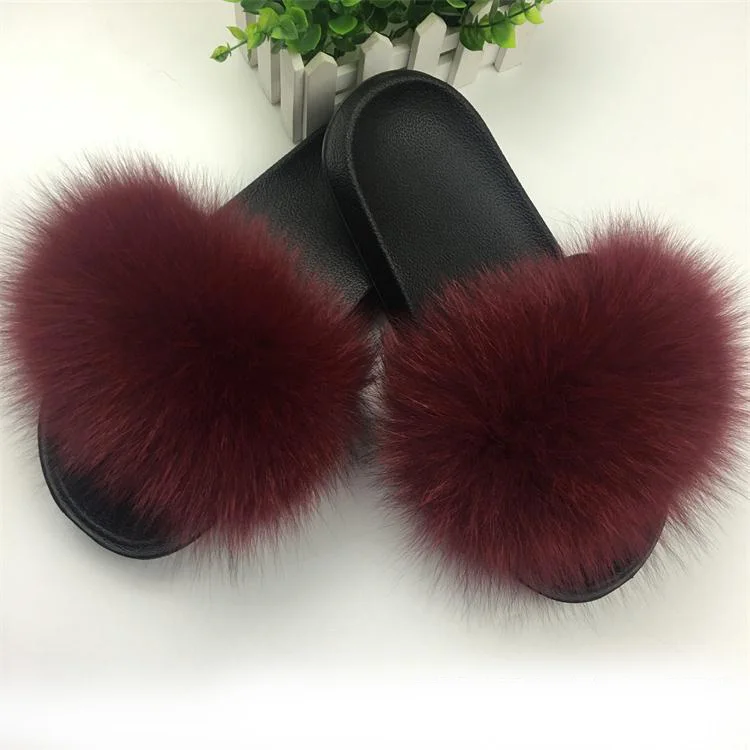 Wine Red COOLSA/женские шлепанцы из натурального Лисьего меха; женские летние домашние меховые тапочки; женские нескользящие теплые меховые плюшевые шлепанцы; Прямая - Цвет: Wine Red