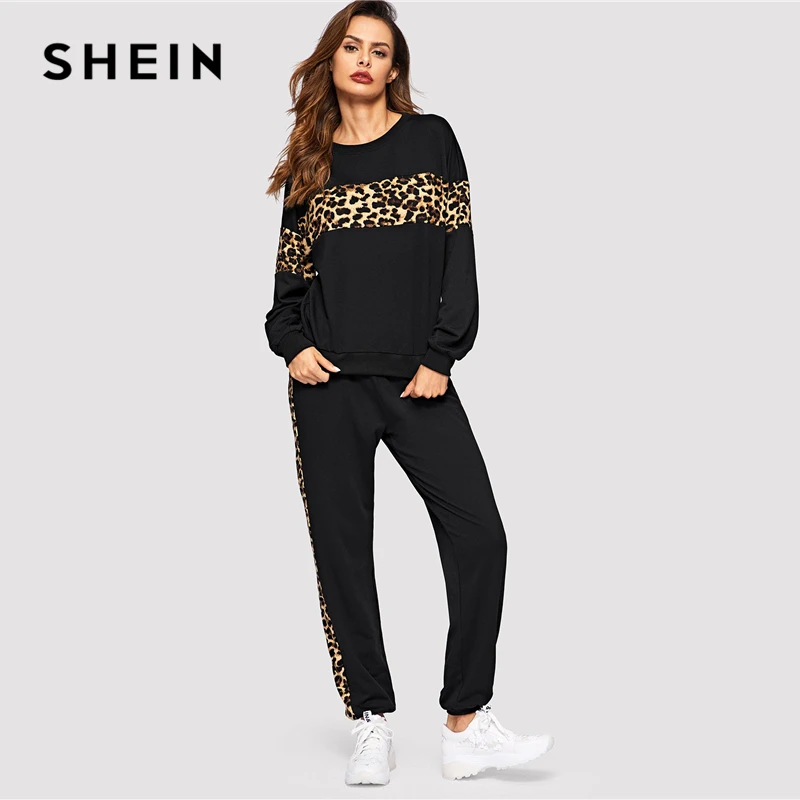 SHEIN Спортивный Костюм С Леопардовым Принтом Контрастная Толстовка И Брюки Женские Повседневные Комплекты С Леопардовым Принтом