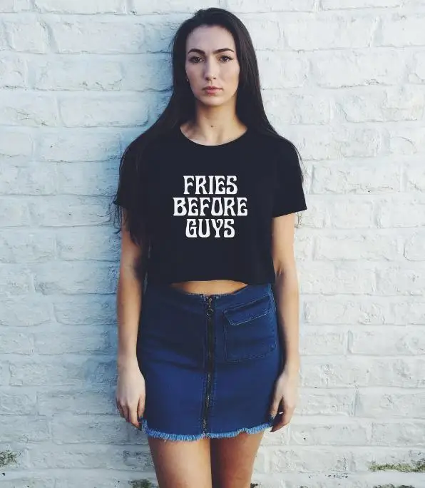 

Fries Before Guys Letters Print Women Summer Crop Top Short t shirt Sexy Slim Funny Top Tee Hipster Tumblr Drop Ship C-10