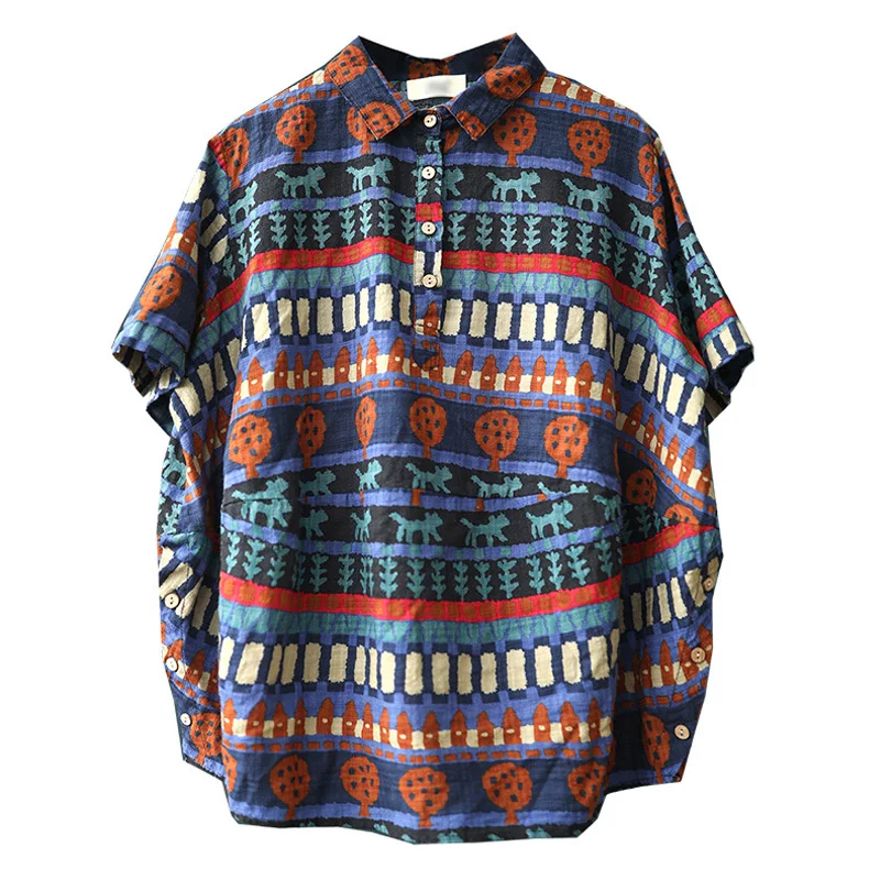 Print Floral Johnature Женские винтажные рубашки с цветочным принтом Блузки летние новые повседневные женские топы с отложным воротником рубашки с коротким рукавом - Цвет: Print Floral