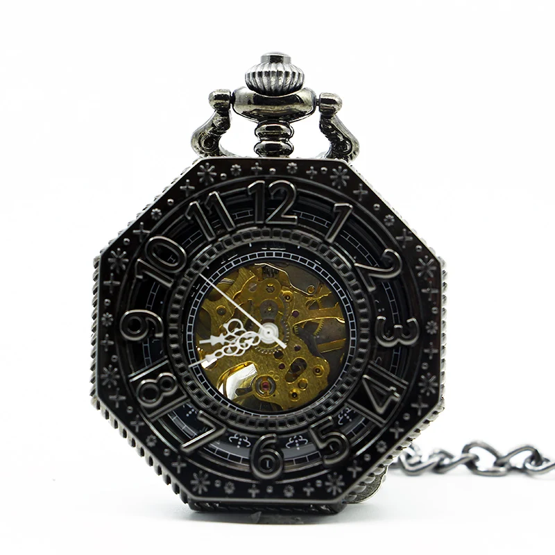 High Quality Antique Octagon Numbers Hand-Winding Skeleton Mechanical Pocket Watch Necklace Gift PJX1269