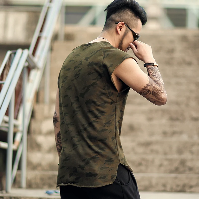 Летние мужские новый стиль камуфляж рукавов хлопковые повседневные топы на