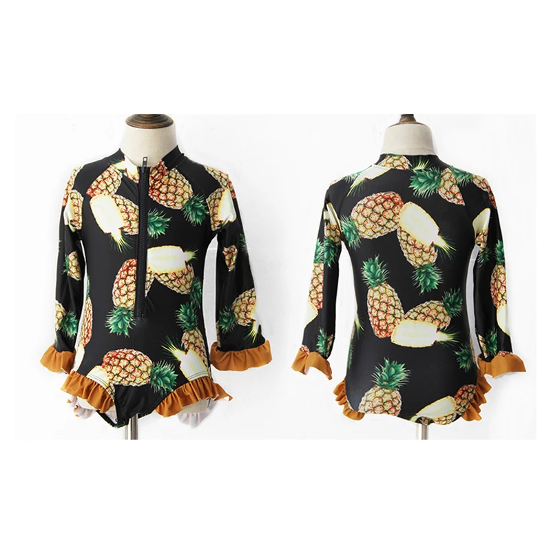 Pineapple Print Lovely Toddle Girls Swimwear Children Swimsuit One Piece Long Sleeves Sunscreen Bikini With Swim Cap | Спорт и