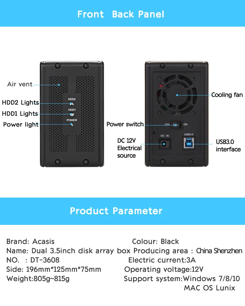 ACASIS DT-3608 SATA последовательный порт для USB3.0 мобильный жесткий диск массив RAID жесткий диск коробка Настольный 3,5 дюймов двойной жесткий диск