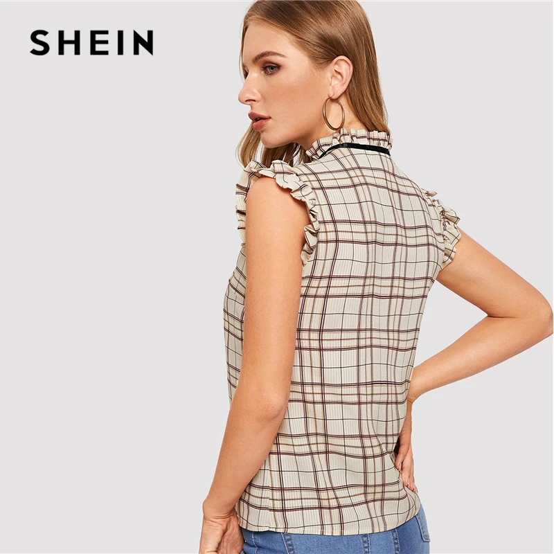 SHEIN Топ В Клетку С Коротким Рукавом, Летние Топы Без Рукавов Женская Блузка С Воротником-Стойкой Элегантные Блузки Для Офиса