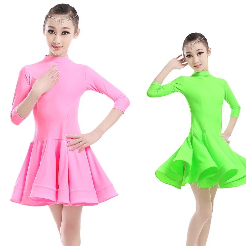 

Professional Girls Children Kids Ballroom Dance Costumes 3/4 Long Sleeve Turtleneck Spandex Latin Dance Dress