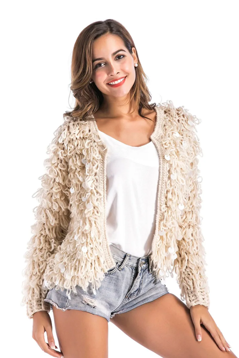 2018 осенне-зимний вязаный свитер с блестками и кисточками кардиган ручной работы