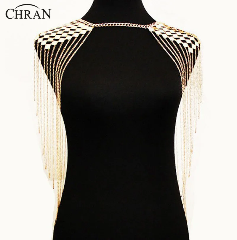 Цепочка на плечо женская золотистая/серебристая с кисточками | Украшения и