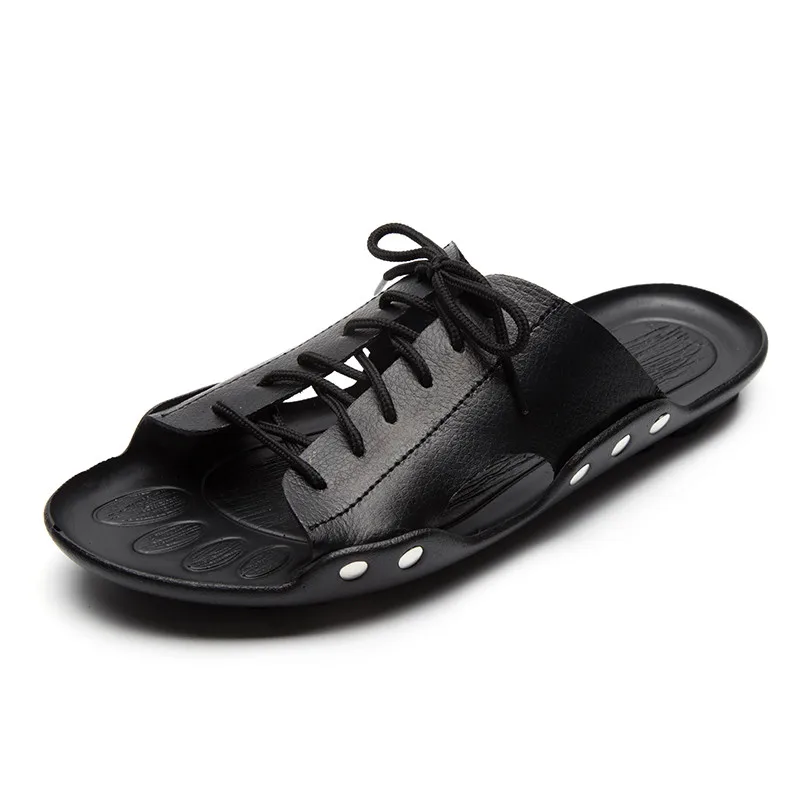 Black shoes Merkmak/Новое поступление года; мужские летние шлепанцы; сандалии; модная кожаная пляжная Праздничная обувь; мужские тапочки на плоской подошве; повседневная обувь - Цвет: Black shoes