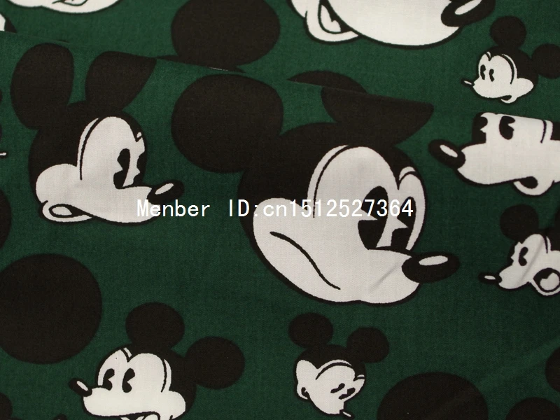 Ткань из поплина хлопка смх 100 см темно зеленая ткань с Микки Маусом (332)|cotton poplin