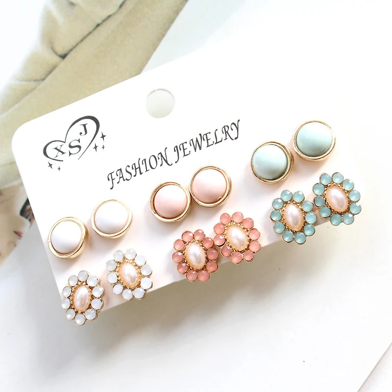 Женские серьги с ушками белого синего и розового цвета 6 паров/компл..|ear nail|set