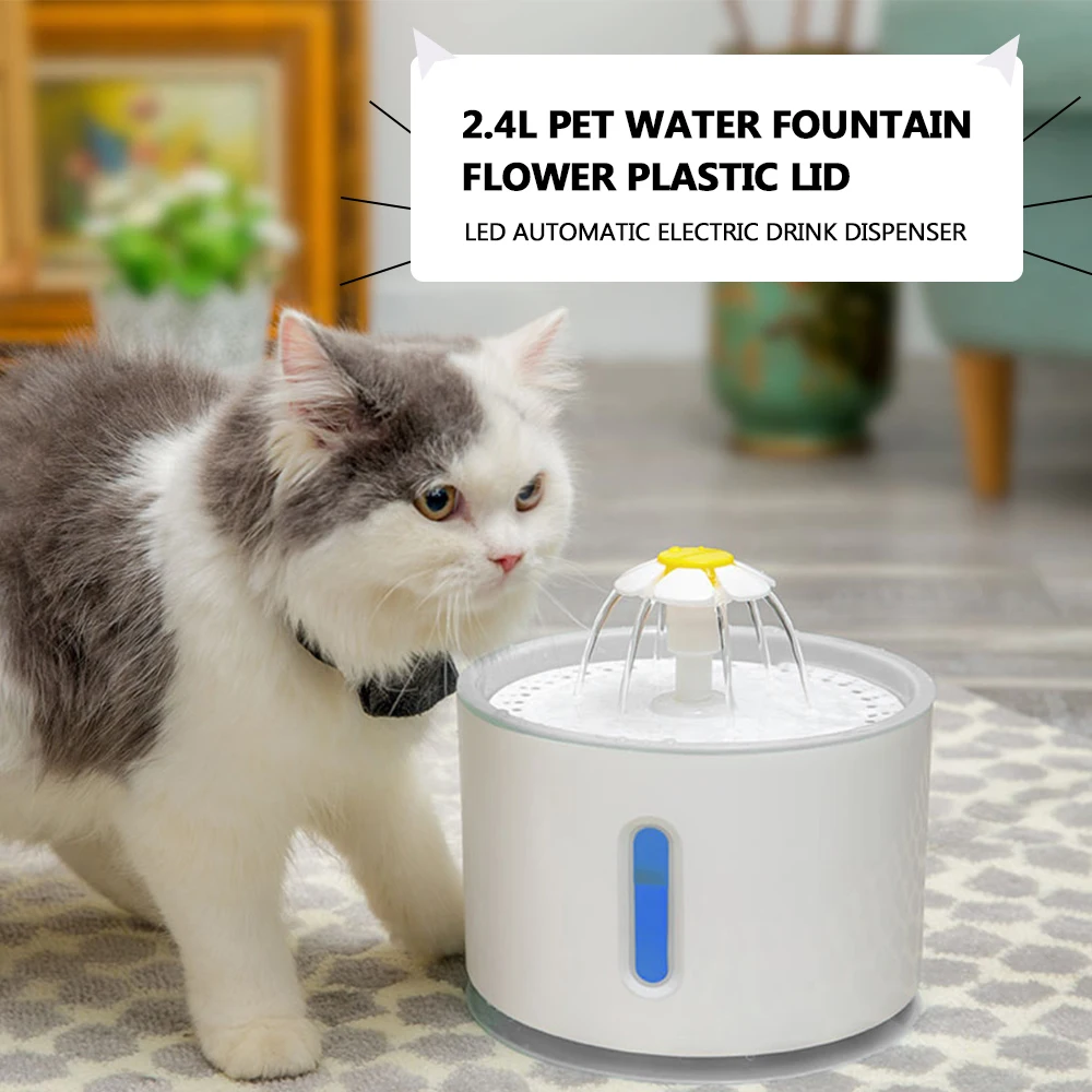 Автоматический питомец кошка фонтан воды 2.4L Pet фонтан воды цветок пластиковая крышка светодиодный автоматический Электрический диспенсер для напитков чаша