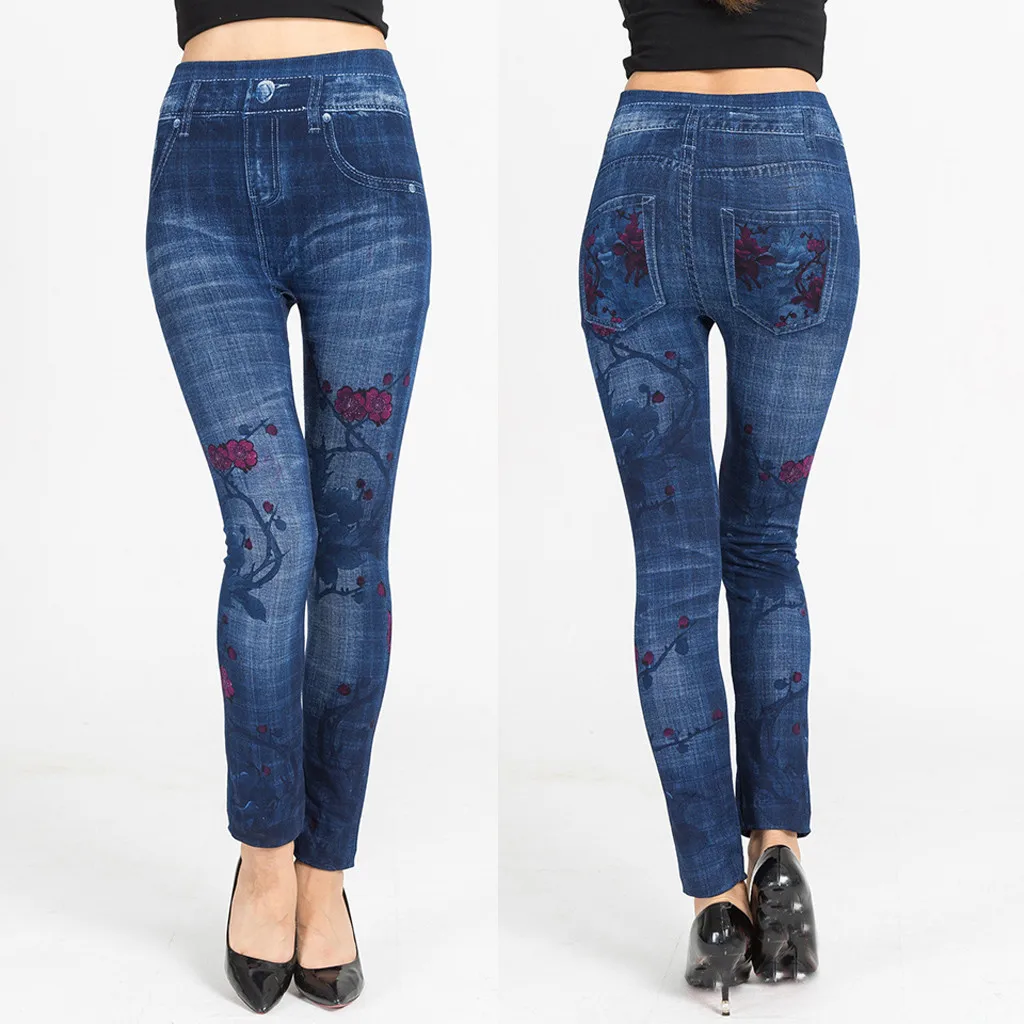 Женские джинсы с высокой талией женские принтом обтягивающие бедра штаны одежда